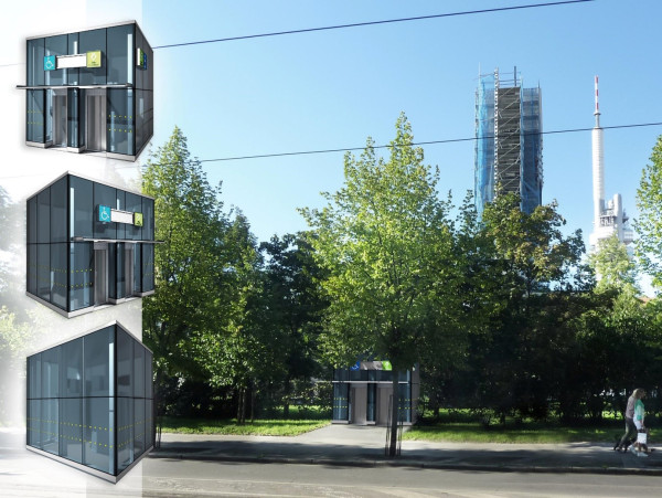 Vizualizace kiosku výtahů bezbariérového zpřístupnění na terénu u Vinohradské ulice