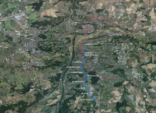 Zobrazení trasy metra D v ortofoto mapě