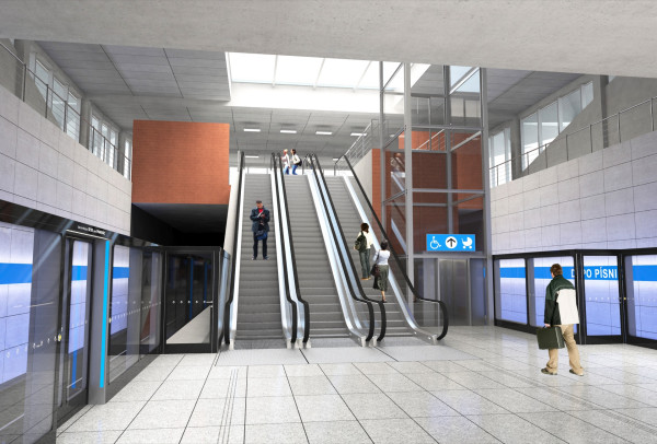 Stanice metra Depo Písnice interiér - design stanice je připraven pro výtvarné soutěže, ze kterých by mělo vzejít doplnění těchto architektonických řešení výtvarnými návrhy.