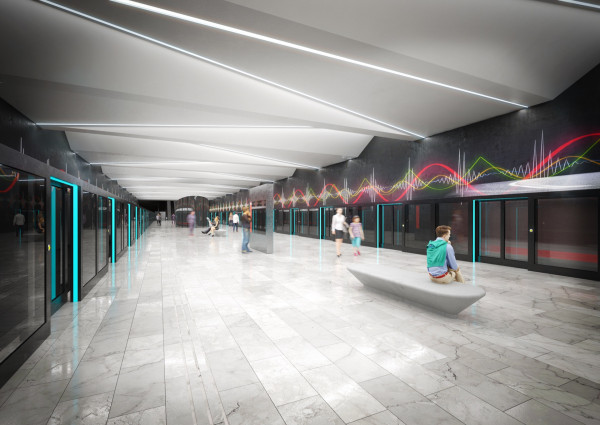 Stanice metra Nemocnice Krč - nástupiště s výtvarným návrhem na stěně za kolejištěm