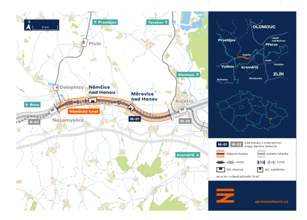 Němčický tunnel in the map